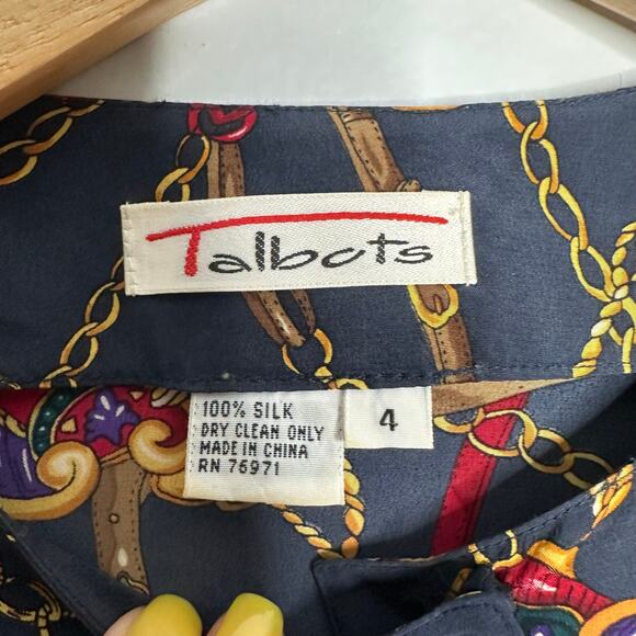 Talbot's Women's Vintage Abstract Print Navy Silk Button Front Blouse Size 4 - Picture 3 of 6